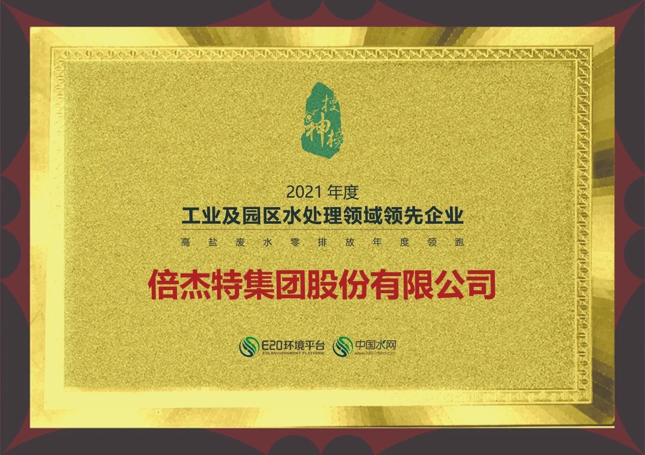 2021年度“工业及园区水处置惩罚领域领先企业-高盐废水零排放年度领跑企业”